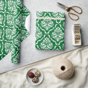Weiße, florale Damaskus-Muster auf grün Geschenkpapier