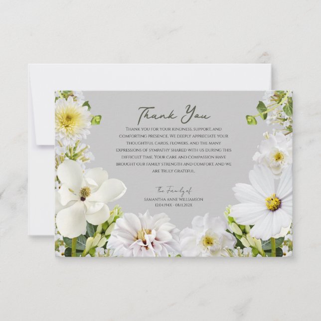 Weiße Florale Dankeskarten für Beerdigungen Dankeskarte (Vorderseite)