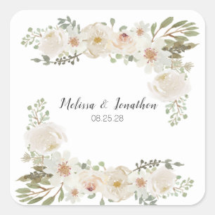Weiße Florale Elegante Romantische Hochzeit Quadratischer Aufkleber