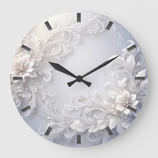 Weiße, florale Geblüht Wandklemme Große Wanduhr (Vorderseite)