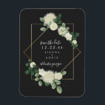 Weiße, florale, graue Hochzeit rettet das Datum Magnet<br><div class="desc">Eine elegante Hochzeit Save the Date mit einer Aquarell-inspirierten Darstellung der grünen und weißen Blume mit einem geometrischen Rahmen über einem dunkelgrauen Hintergrund und weißem Text.</div>