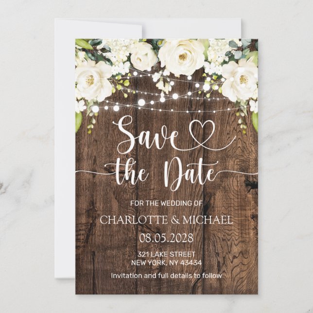 Weiße Florale Hochzeitseinladung zum Vormerken Einladung (Vorderseite)
