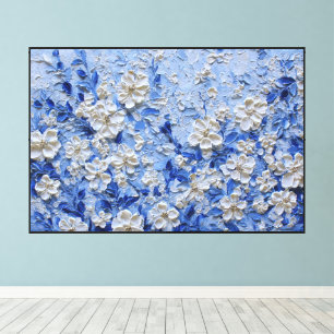 Weiße florale Impasto-Malerei mit blauen Blättern Leinwanddruck