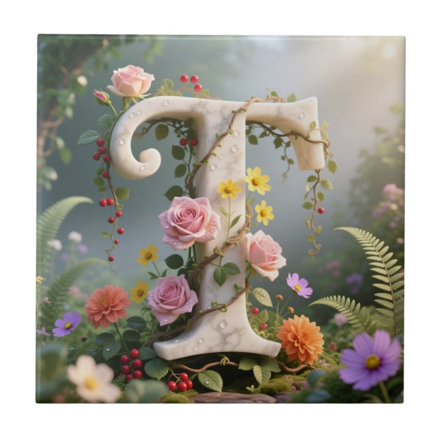 Weiße florale Marmor-Monogramm-Buchstabe T Fliese (Vorderseite)