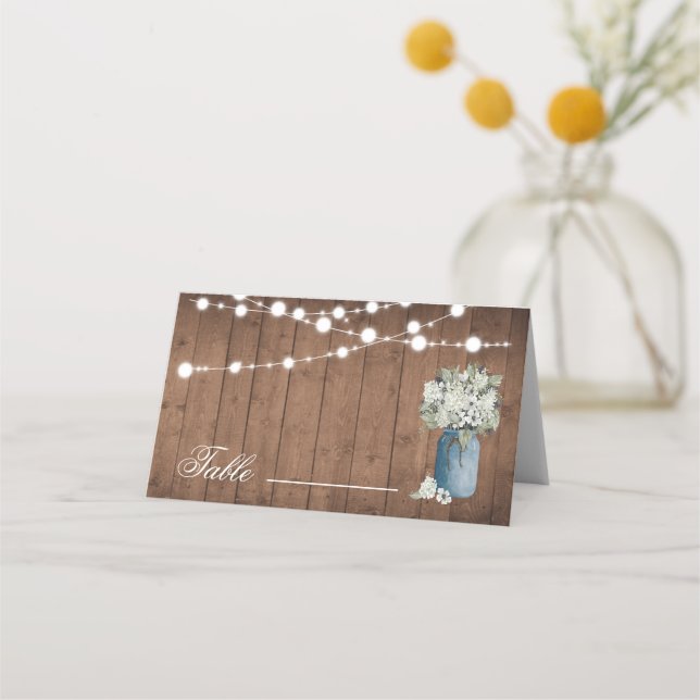 Weiße, florale, rustikale, elegante Lichter Holz H Platzkarte (Vorderseite)