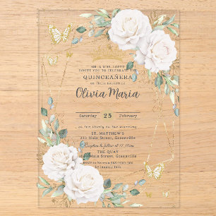 Weiße Florale Schmetterlinge Gold Quinceañera Quin Acryleinladungen