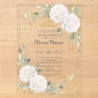 Weiße Florale Schmetterlinge Gold Quinceañera Quin Acryleinladungen