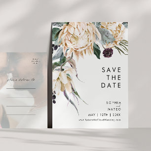 Weiße Florale verblasste Foto-Save-the-Date-Postka Einladungspostkarte