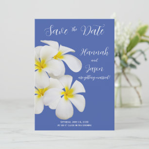 Weiße Frangipani-Blume, auf blau, Save the Date Einladung