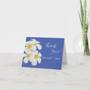 Weiße Frangipani-Blume, auf Blauer, Blumenhochzeit Dankeskarte