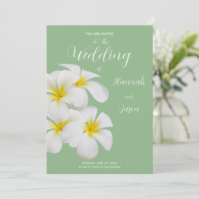 Weiße Frangipani-Blume, auf Sendung, Hochzeit Einladung (Stehend Vorderseite)
