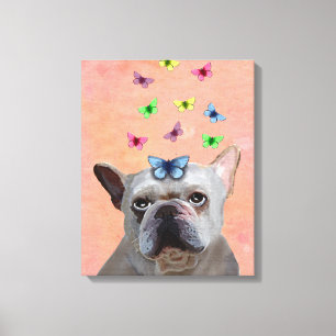 Weiße französische Bulldogge und Schmetterlinge Leinwanddruck
