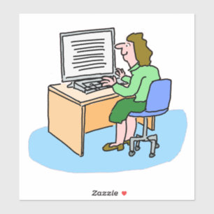 Weiße Frau, die an einem Computeraufkleber arbeit Aufkleber