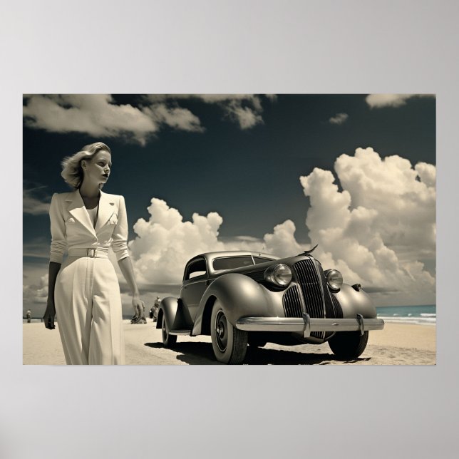 Weiße Frau geht am Strand von Miami Poster (Vorne)
