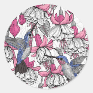 Weiße Fuchsie und Kolibris Runder Aufkleber