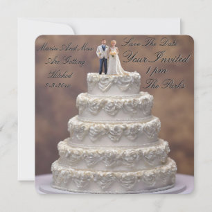 Weiße fünfstöckige Hochzeitstorte mit Brautpaar, Save The Date