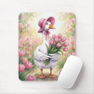Weiße Gans mit rosa Tulpen Mousepad