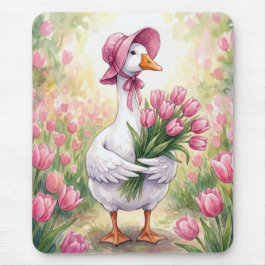 Weiße Gans mit rosa Tulpen Mousepad
