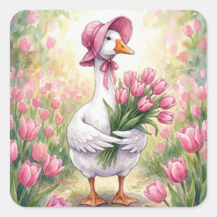 Weiße Gans mit rosa Tulpen Quadratischer Aufkleber