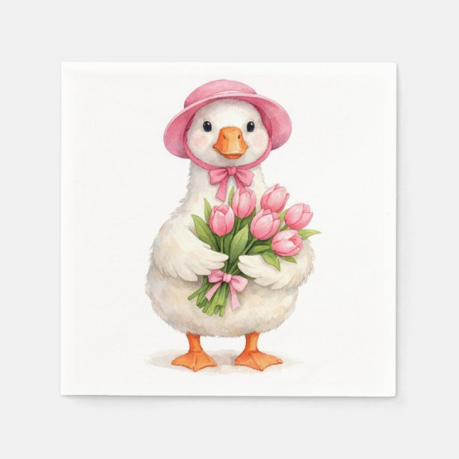 Weiße Gans mit rosa Tulpenstrauß Serviette (Vorderseite)