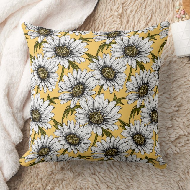 Weiße Gänse, wilde Blume auf Gelb Kissen (Decke)