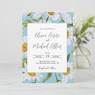 Weiße Gänseblümchen Aquarell Blaue Hochzeitseinlad Einladung