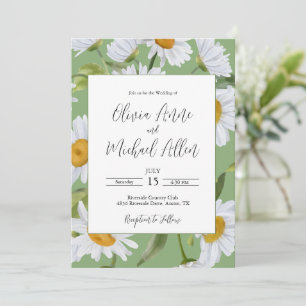 Weiße Gänseblümchen Aquarell Grüne Hochzeitseinlad Einladung