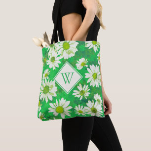 Weiße Gänseblümchen auf dem grünen Blumenmuste Tasche