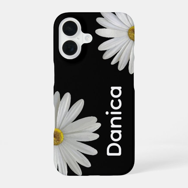 Weiße Gänseblümchen auf Schwarz iPhone 16 Hülle (Rückseite)