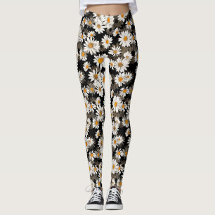 Weiße Gänseblümchen auf schwarzem Blumenmuster Leggings