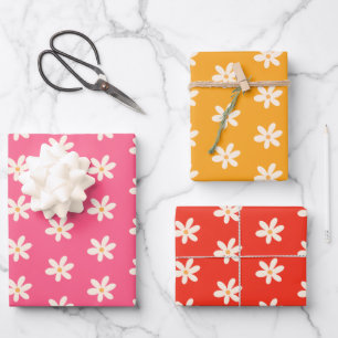 Weiße Gänseblümchen Blumenmuster Farbige Minimalis Geschenkpapier Set