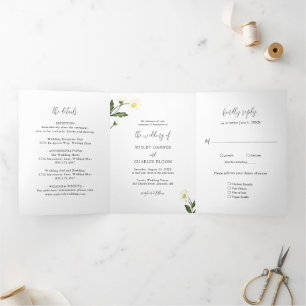 Weiße Gänseblümchen Florale Rustikale Hochzeit Dreifach Gefaltete Einladung