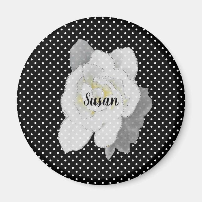 Weiße Gardenia-Blume auf Schwarz-weißen Polka-Punk Magnet (Vorne)