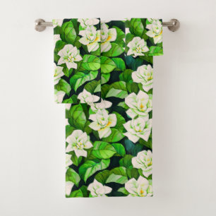 Weiße Gartenanlagen und Jade Green Blätter Badhandtuch Set