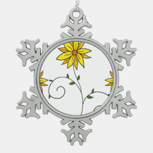 Weiße gelbe Blume Doodle Art Schneeflocken Zinn-Ornament