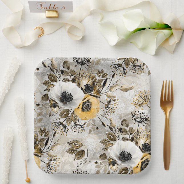 Weiße, gelbe Blumen Pappteller (Hochzeit)