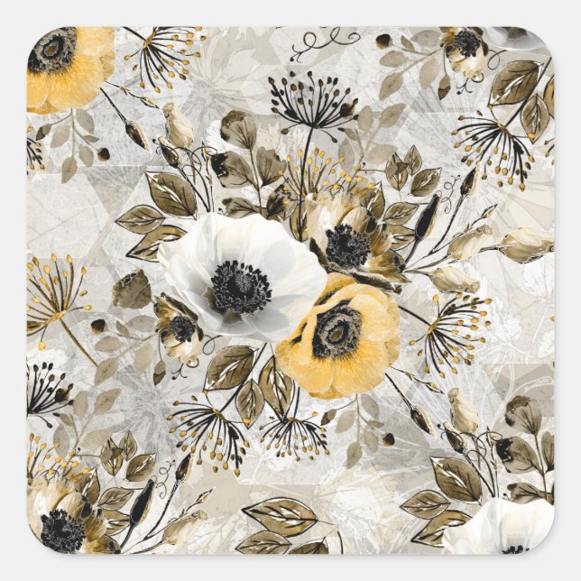 Weiße, gelbe Blumen Quadratischer Aufkleber (Vorderseite)