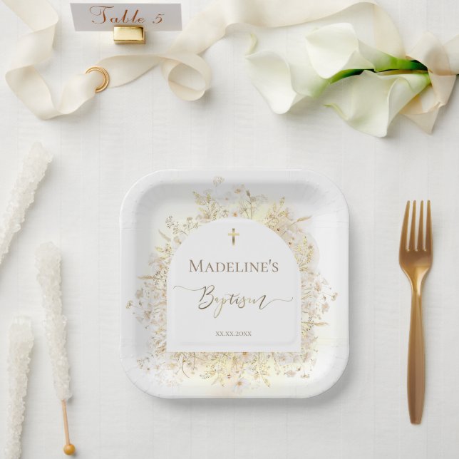 weiße gelbe Blumen Taufe  Pappteller (Hochzeit)