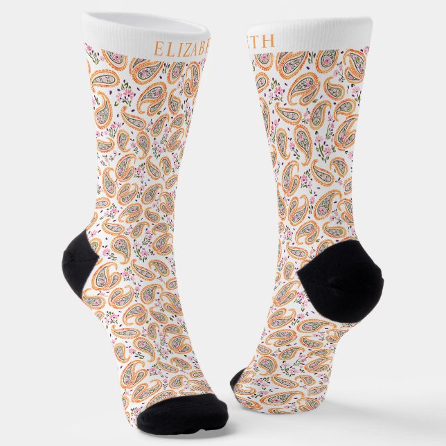 Weiße Gelbe Orange Grünes Paisley Muster Socken (Gewinkelt)