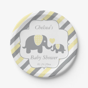 Weiße, gelbe u. graue Streifen-Elefant-Babyparty Pappteller
