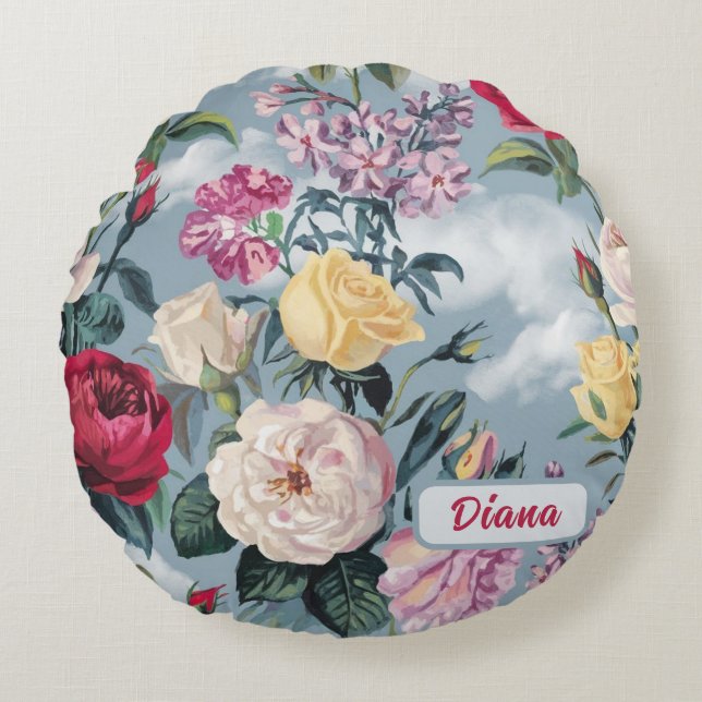 Weiße, gelbe und rosa Rosen Rundes Kissen (Vorderseite)