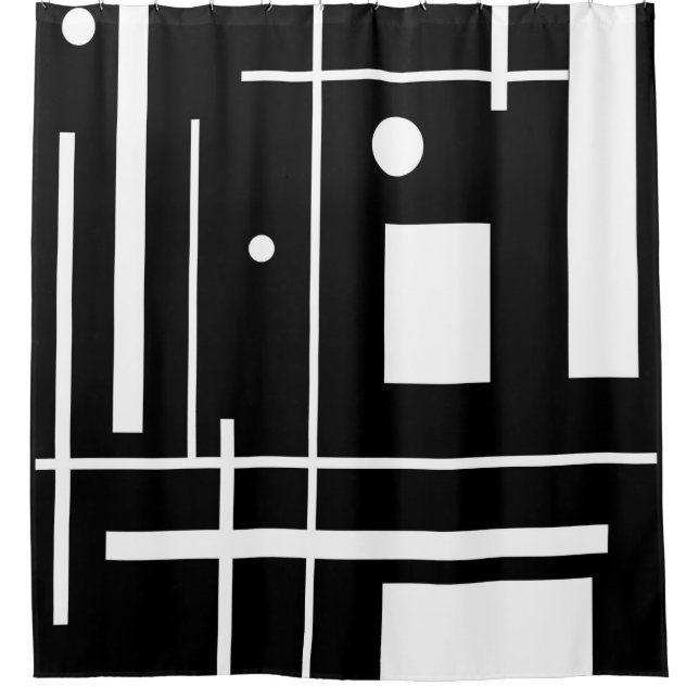 Weiße geometrische Formen auf dem schwarzen Duschv Duschvorhang (Vorderseite)