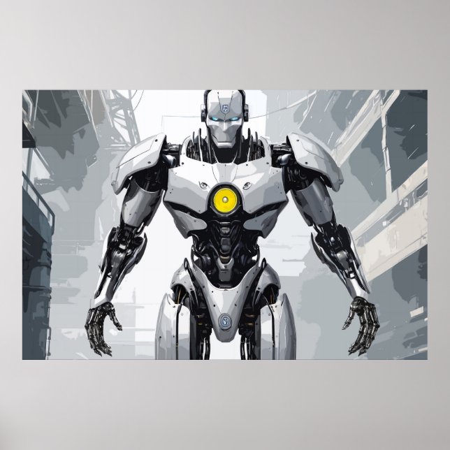 Weiße gepanzerte Cyborg-Mecha-Sci-Fi-Comic-Art Poster (Vorne)