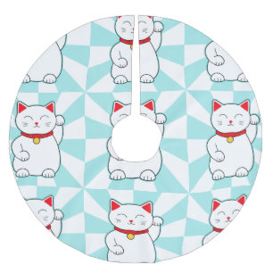 Weiße glückliche Katze Polyester Weihnachtsbaumdecke