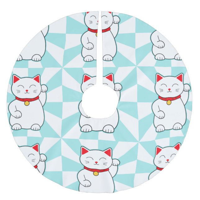 Weiße glückliche Katze Polyester Weihnachtsbaumdecke (Vorderseite)