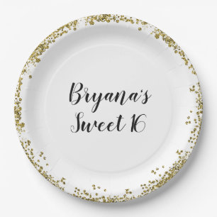 Weiße Gold Glitter Glam Kante Sweet 16 Benutzerdef Pappteller