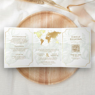 Weiße Gold-Tropen-Destination Weltkarte Hochzeit Dreifach Gefaltete Einladung