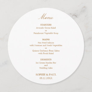 Weiße goldene beige runde Hochzeitsmenü Menükarte