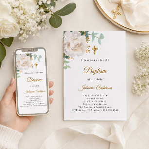 Weiße goldene Blumenkreuztaufe Einladung