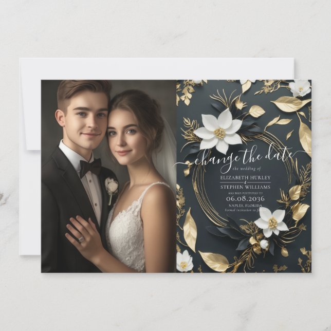 Weiße goldene Blumenzauber verändern das Datum Save The Date (Vorderseite)